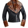 Women's Faux Leather Jacket with Leopard Print Collar