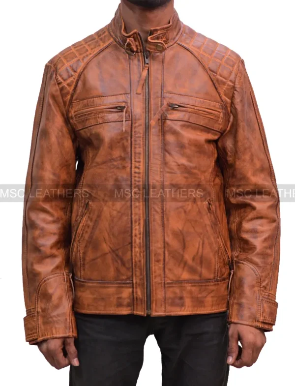 David Beckham Distressed Vintage Biker Motorcycle Mens Cafe Racer Leather Jacket