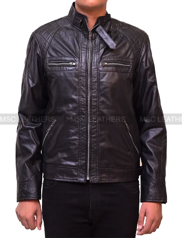 Men Diamond Classic Black Biker Motorcycle Retro Genuine Leather Jacket