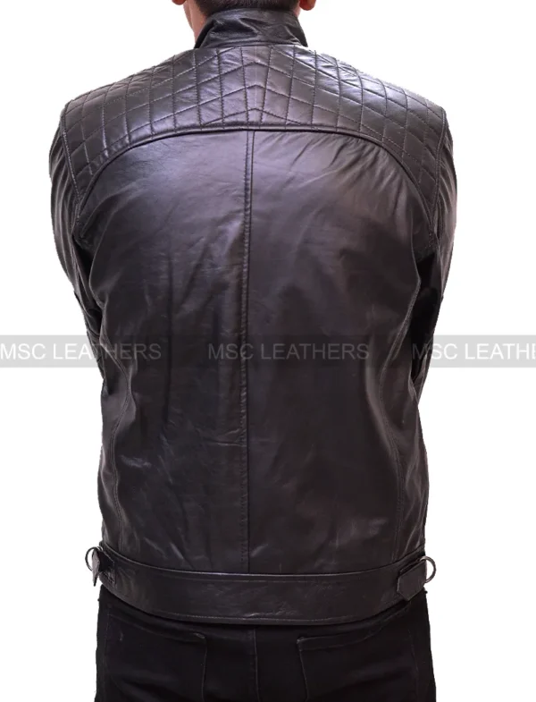 Men Diamond Classic Black Biker Motorcycle Retro Genuine Leather Jacket - Image 2