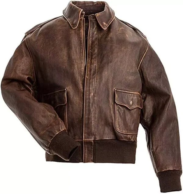 A-2 G-1 Men's Distressed Brown Leather Bomber Jacket - Navy Aviator Style