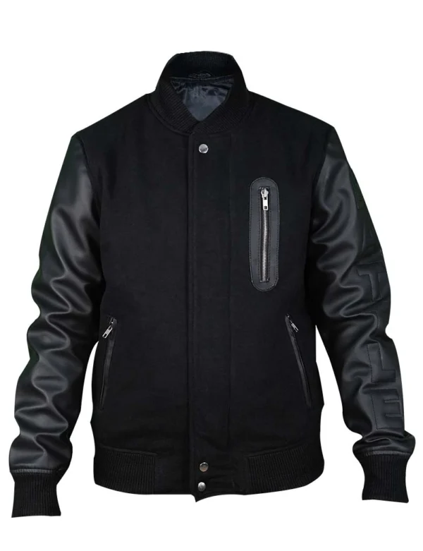 Black Varsity Jacket with Faux Leather Sleeves
