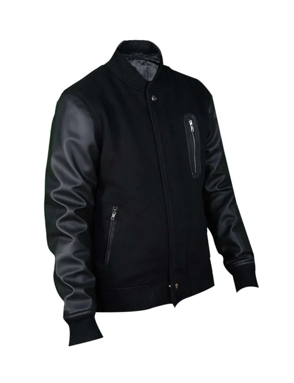 Black Varsity Jacket with Faux Leather Sleeves - Image 4