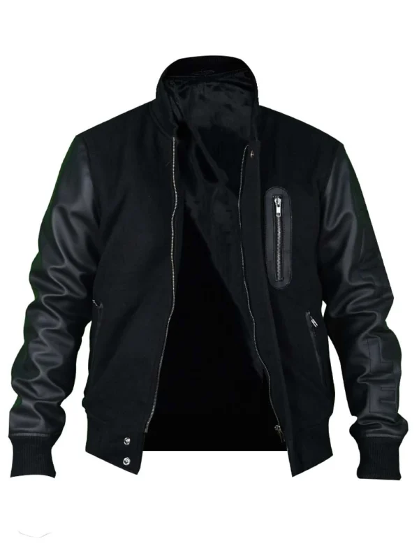 Black Varsity Jacket with Faux Leather Sleeves - Image 2