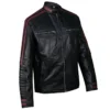 Men's Black Leather Biker Jacket with Red Stripes - Image 5