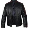 Men's Black Leather Biker Jacket with Red Stripes - Image 2